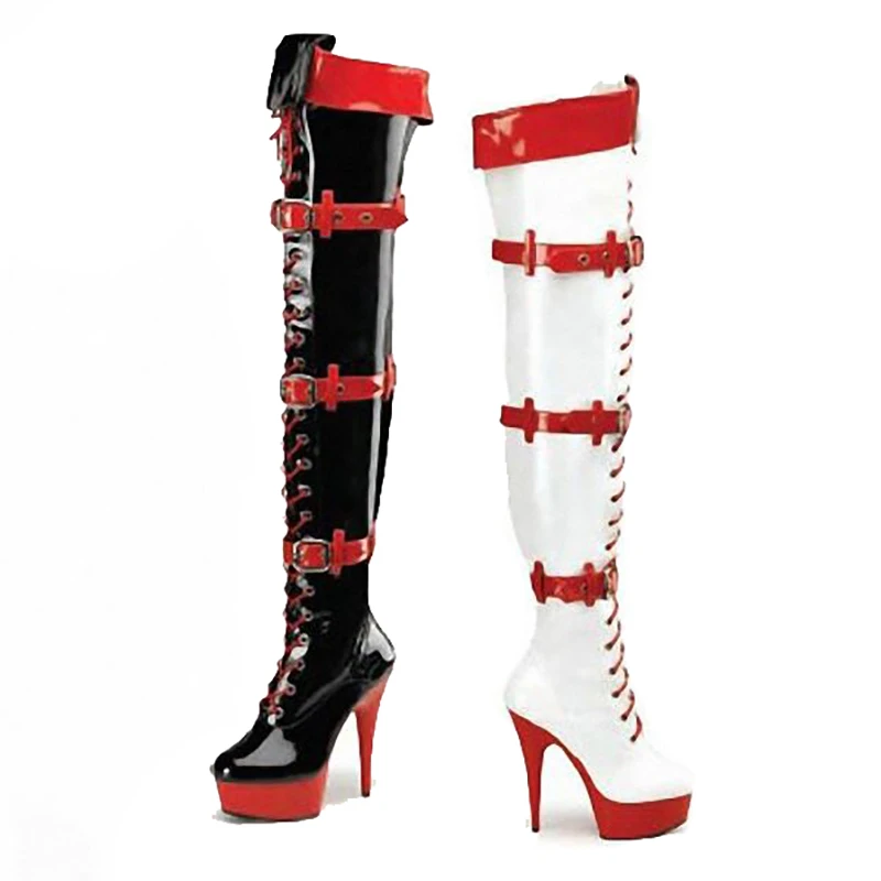 Boots Women Shoes 15cm High Heels Black White Thigh Long Boots Fashion Over Knee Fenty Beauty Buckle Boots Ladies Gothic Shoes
