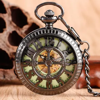 

Creative Noctilucent Black Mechanical Pocket Watch Man Women Fashion Classic Hollow Hand Winding Arabic Numerals Watches