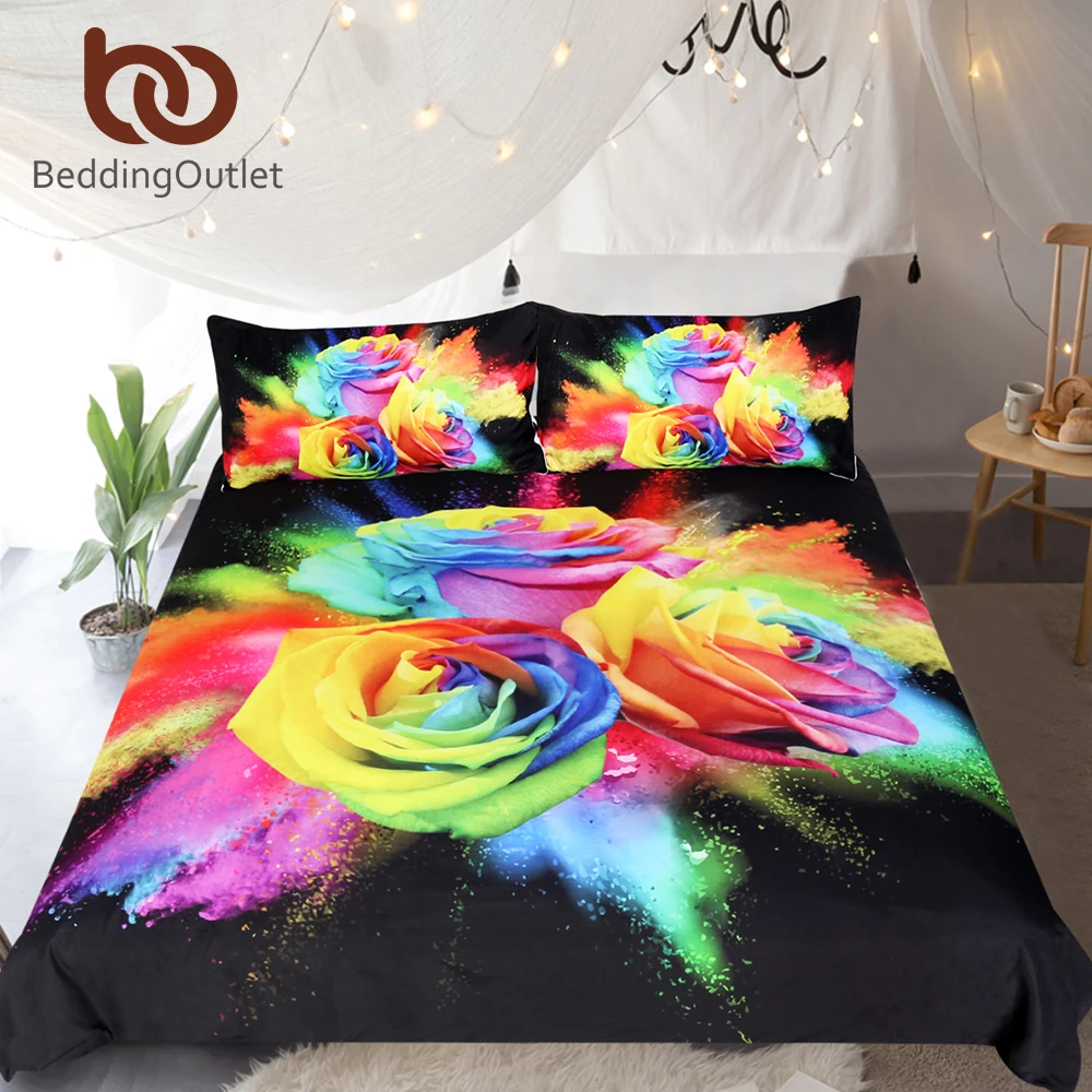 Baratos BeddingOutlet colorido rosas conjunto ropa de cama para mujer 3D impreso juego de funda nórdica Floral ropa de cama 3 piezas de acuarela de Textiles para el hogar