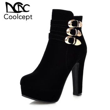 

Coolcept Fashion Wedding Boots High Heels Zipper Metal Buckle Warm Velvet Platform Shoes Boots Women Winter Warm Size 33-43