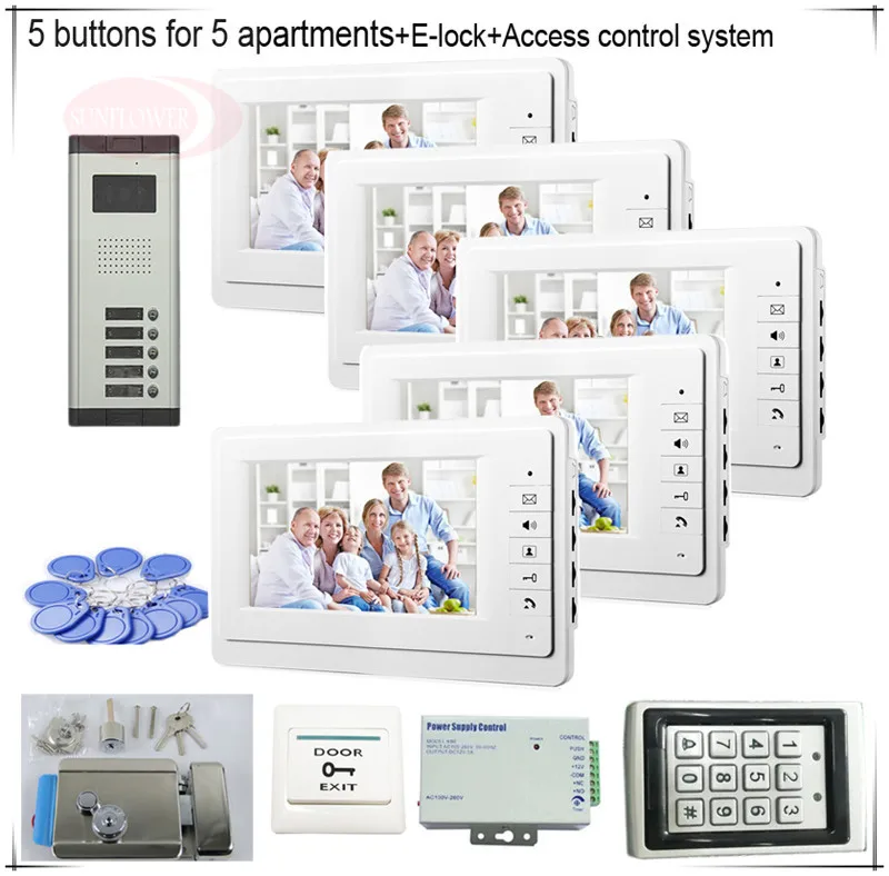 5 Buttons Color Video Door Phones Intercom Systems 5 LCD Security Doorbell for 5 Apartments +Access Control System+E-lock