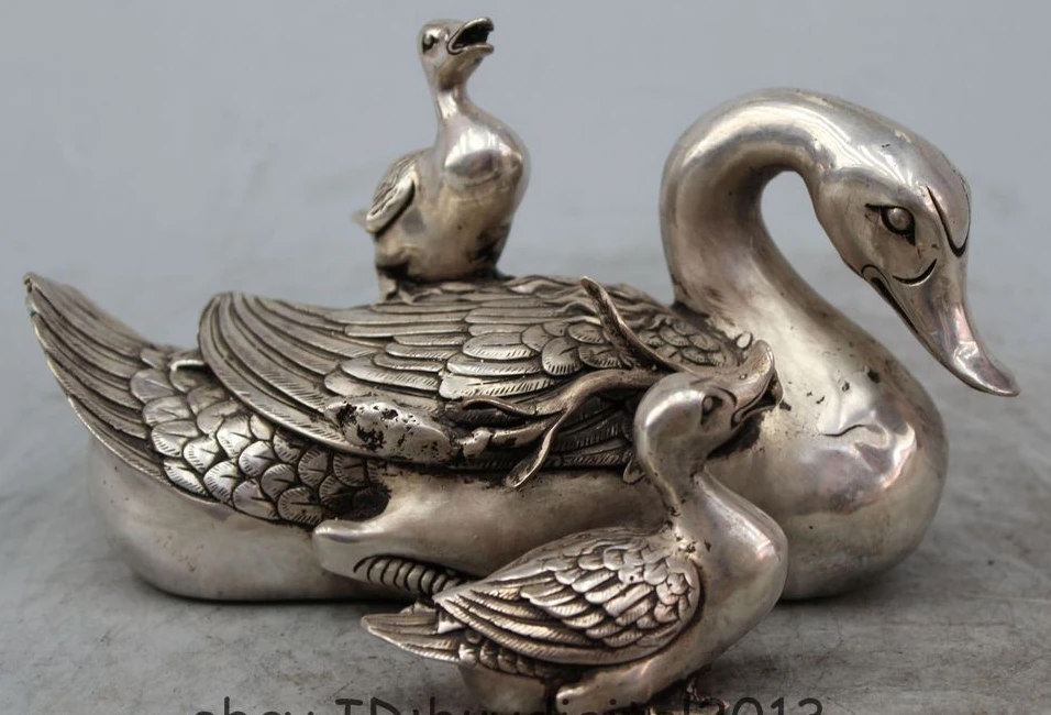 

8" China Folk Silver Animal Duck Swan Cygnus Family Qucker Art Statue Sculpture
