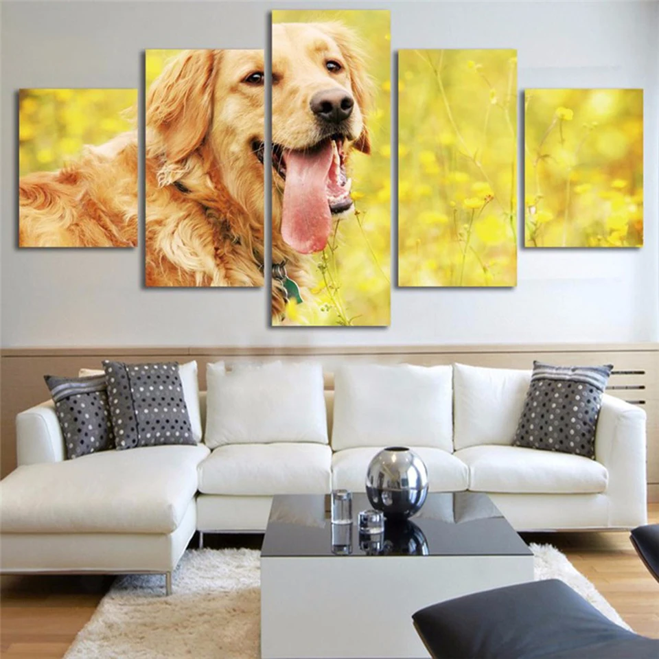 Modular-Vintage-Wall-Art-Pictures-Home-Decor-Paintings-On-Canvas-5-Pieces-Grassland-Animal-Golden-Retriever