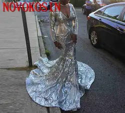 2019 реальные V шеи арабское выпускное платье Серебро вышитый блёстками платье-Русалка с длинным рукавом вечернее вечерние праздничные