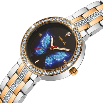 

Stryve Top Brand Rose Gold Women Watch Crystal Quartz Full Stainless Steel Wristwatch Waterproof Rhinestone Elegant Clock Gift