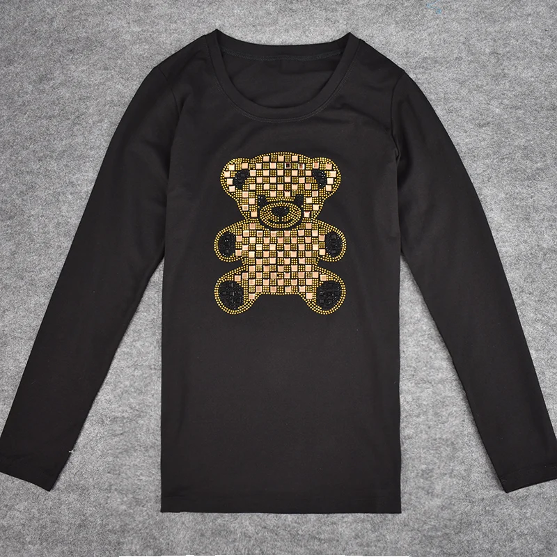 Весенне-осенняя футболка с длинными рукавами с милым мультяшным медведем и кристаллами, Повседневная футболка, женская футболка, femme camiseta feminina
