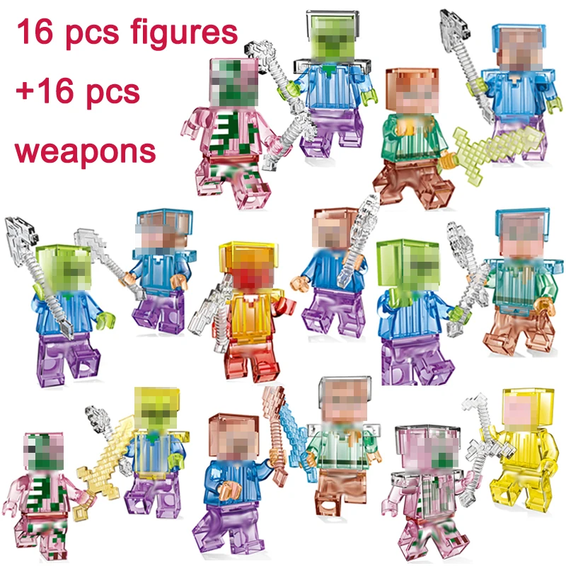 

My World 16Pcs Minecraft Action Figures With Weapon Crystal Zombie Steve Skeleton Compatible Building Block Toys For Children