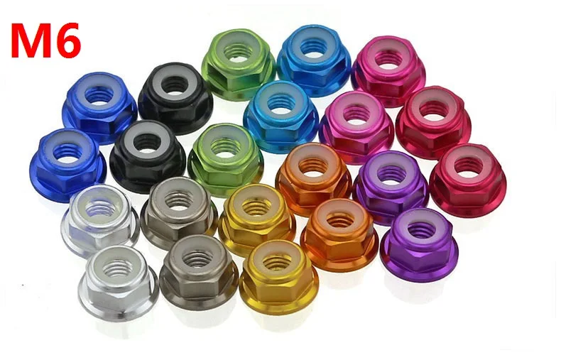 50pcs/lot High Quality M6 Colourful Anodized Silver/Black/Deep blue/light blue/red Colour Aluminum Alloy Flange Nylon Lock Nuts |