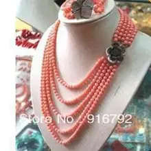 Изысканный 5 ряда(ов) розовый коралл и шел цветок ожерелье браслет