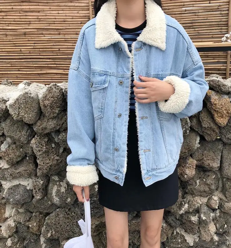 

Winter New Thick Lamb Fur Lapel Denim Jacket