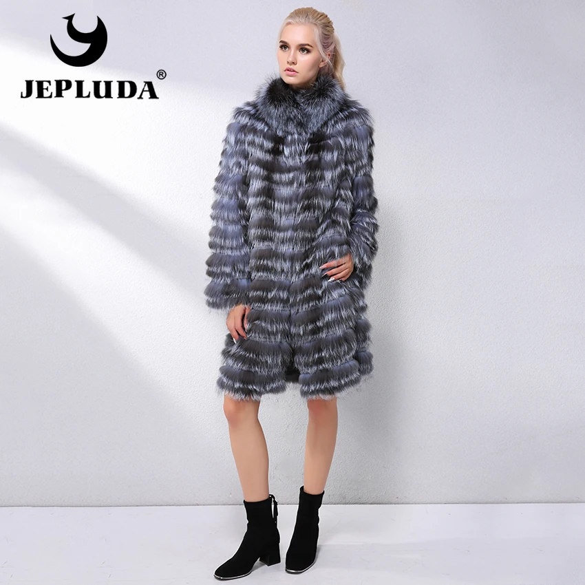 JEPLUDA Шуба Натуральный Мех Чернобурка Реальный Подкладка Трикотажная Отделка