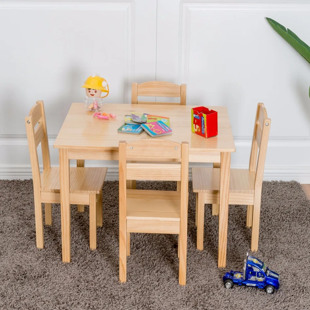 Goplus Kids 5 Piece Table Chair Set Pine Wood Children Play Room Furniture Natural New HW55008NA