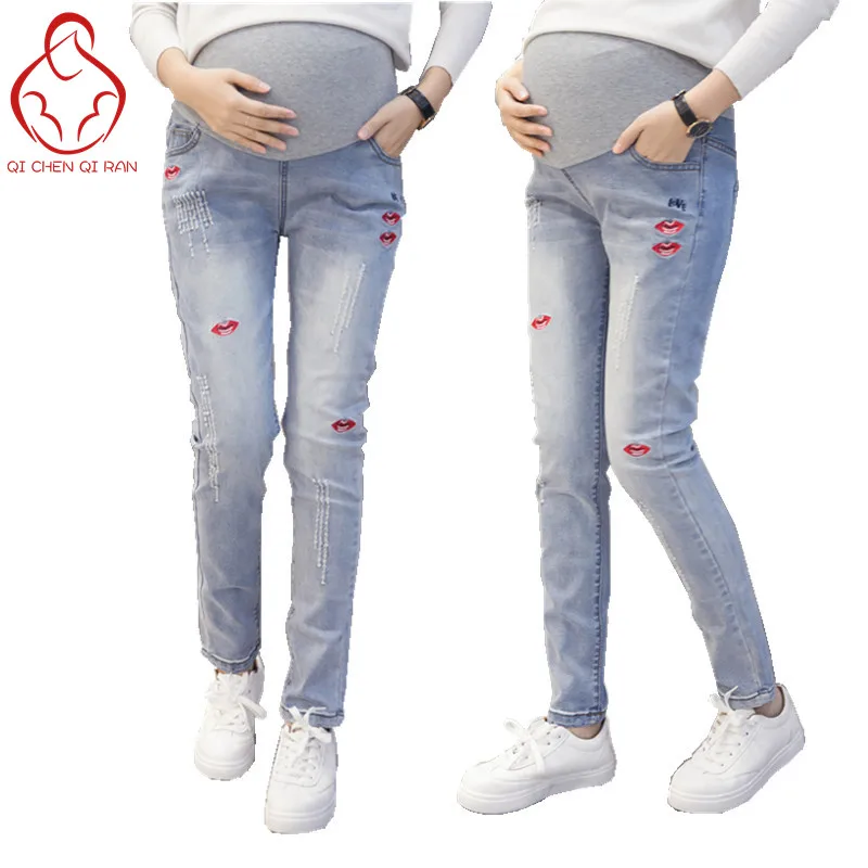 2017 Hot selling elastic comfort pregnant women jeans belly pants