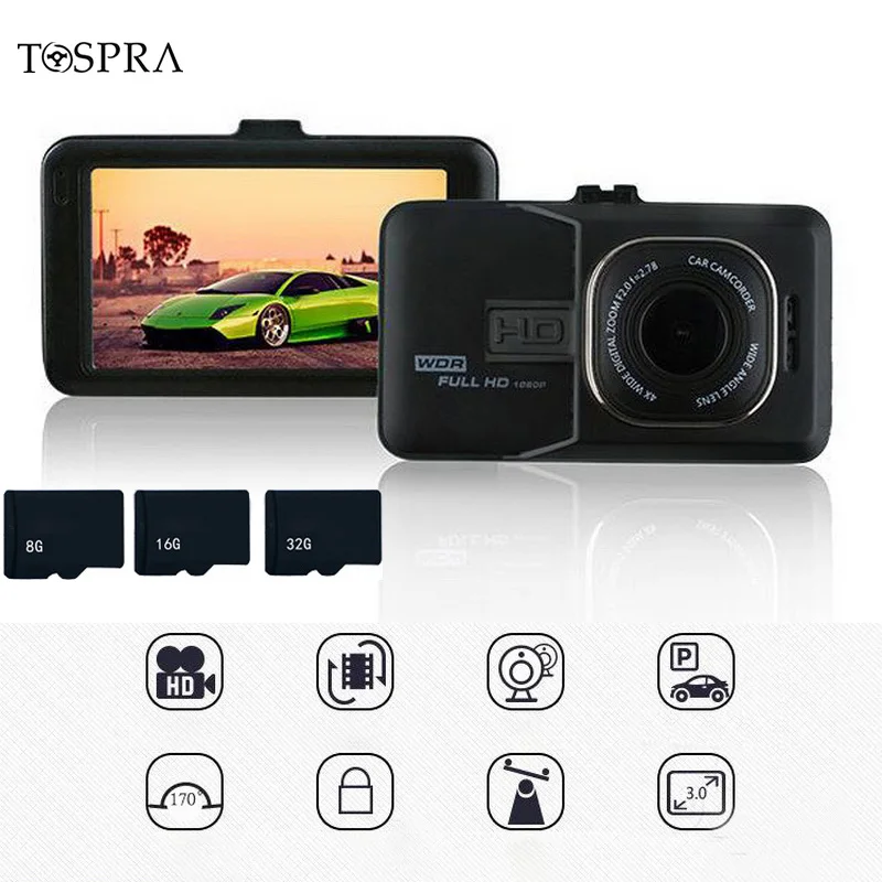 TOSPRA 3/3. 2-Дюймовая Автомобильная DVR камера Full HD 1080P рекордер 90/170 градусов