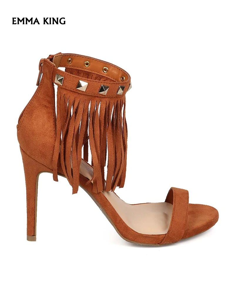 

Women Suede Open Toe Fringe Studded Single Sole Sandals Women Stiletto Heels Back Zipper Sandalias Mujer 2019 Plus Size Shoes