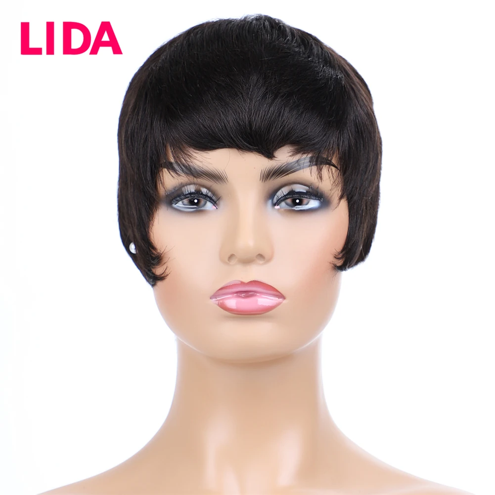 

Lida Human Hair Short Straight Wig Machine Made Non Remy Wig 6 Inch Brazilian Straight Hair 120% Density Short Wig For Women
