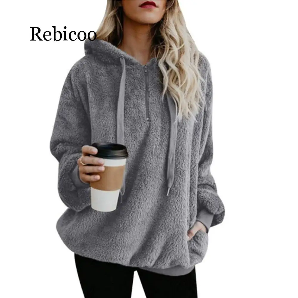 

Woman Winter Jacket Female Coat Fluffy Hoodie Sweatshirt Half-zipper Oversized Front Hooded Draped Pockets Coat