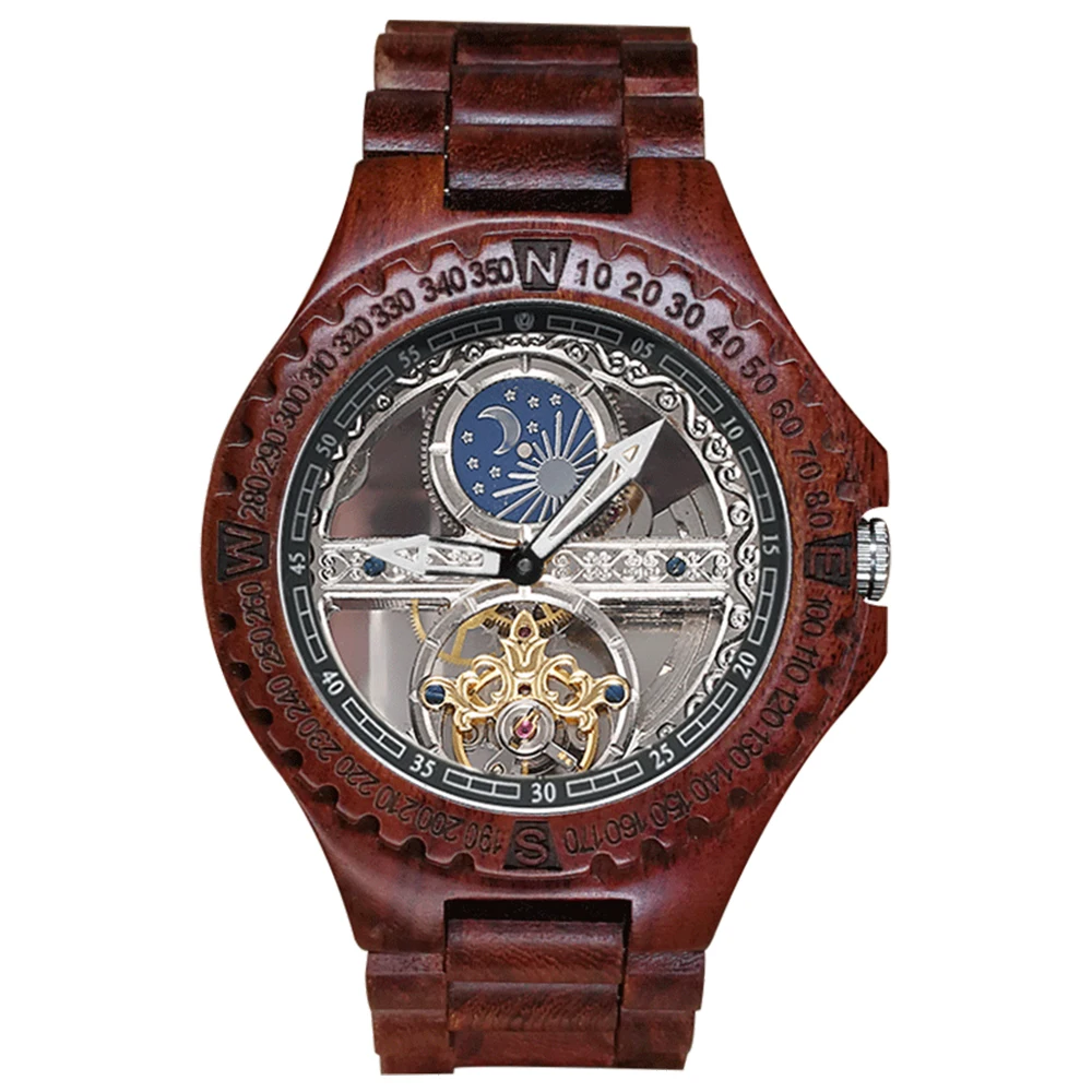 

Mens watch Automatic mechanical watch waterproof wooden hollow moon phase luminous business refined gentleman clock 6608