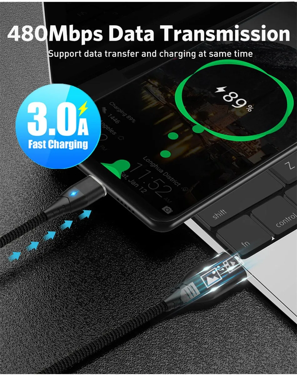 Магнитный кабель Micro usb type C для iPhone Xiaomi huawei Lighting Cable 3A провод для быстрого заряда type-C Магнитный кабель для зарядки телефонов