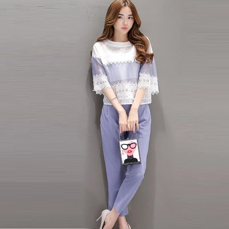 2017 Summer Fashion Elegant Sexy Pant Suits Two Piece Set Women See