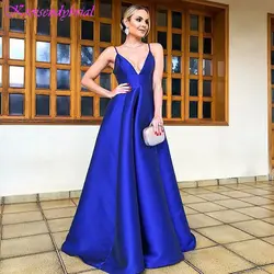 DZW494 пикантные ярко-синий длинный вечернее платье 2019 глубокий v-образный вырез спинки Для женщин гала платья атласная бретельках