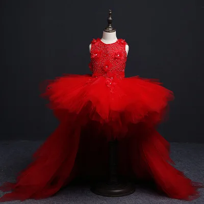 Fancy Flower Girl Dress with Train Children Show Performance Costume Kids Long Mermaid Tulle Pink Gowns Boutique Clothes