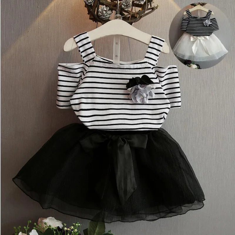 

Children Girl Clothing Sets 2019 Summer Kid Clothes Stripe Off Shoulder Square Collar Shirt + Mesh Short Skirt Children Girl Set