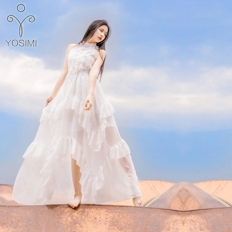 

YOSIMI 2018 Summer Fairy Long Women Dress Maxi Elegant Chiffon Vintage Ruffles Stand-neck Beach Dress Evening Party Tunic White