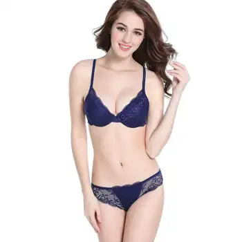 

Hot Sexy Push Up Bra Set Deep V Brassiere Thick Cotton Women Underwear Set Lace Blue Embroidery Flowers Lingerie A B C Cup