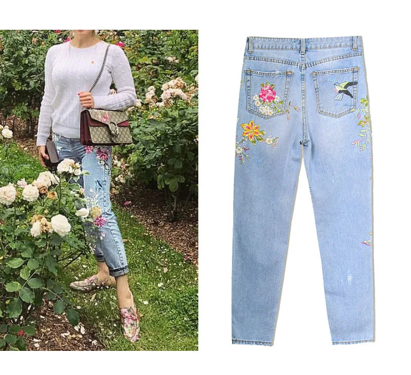 2017 Europe and the United States women's 3D three-dimensional heavy craft bird flowers front and rear side embroidery high waist straight irregular wear jeans (8)