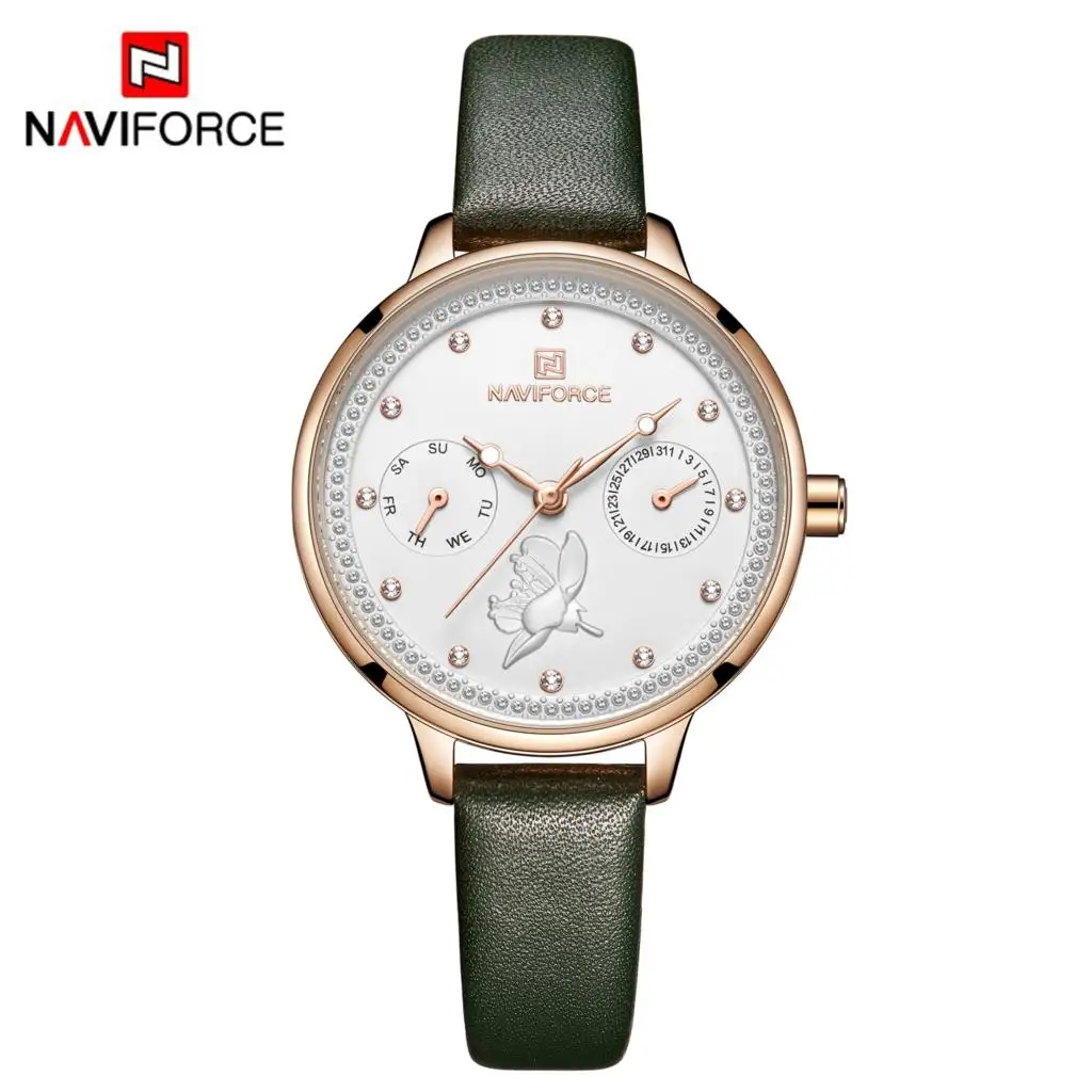 Зеленый NAVIFORCE, женские часы, модные, кварцевые, женские, кожаный ремешок для часов, дата, неделя, повседневные, водонепроницаемые, наручные часы, подарок для девушки - Цвет: Зеленый