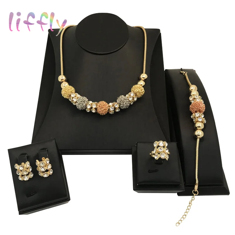 

Liffly Fashion Elegant Bridal Jewelry Sets Luxury Necklace Women Multi-color Crystal Dubai Zircon Wedding Gold Jewelry Set