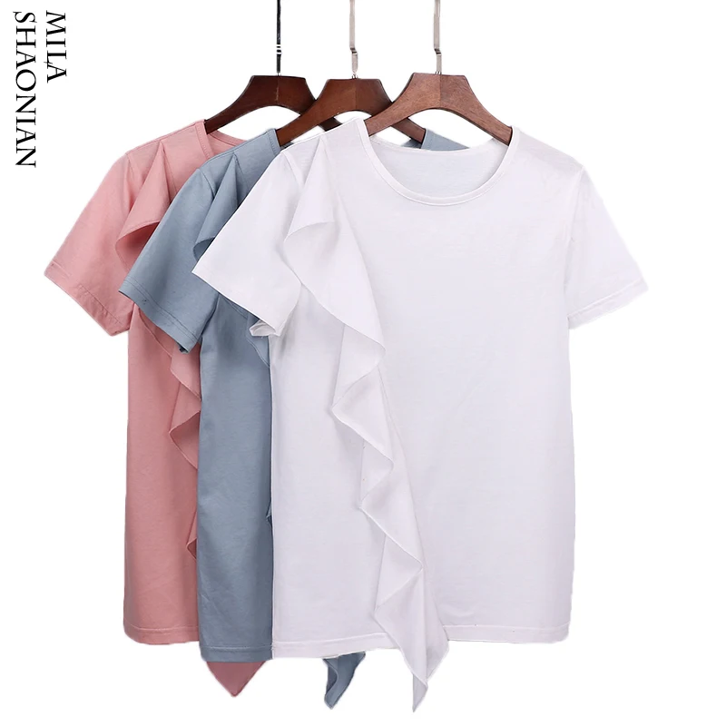 

Ruffles Solid Tops Tees women Cotton Casual Tshirts Women White Round Neck Elasticity Elegant Ladies T-shirt Summer Hot 2018