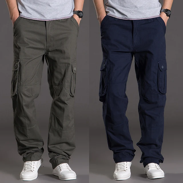 2017 Loose Men Cargo Pant Multi pockets Straight Trousers Plus Size