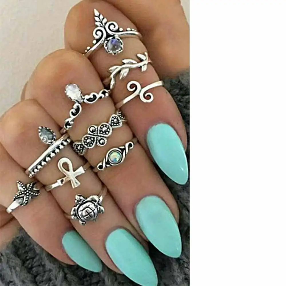 

KISSWIFE 10 Pcs/Set Boho Vintage Cute Turtle Ring Set Opening Rings Midi Finger Rings For Women Bohemian Jewelry
