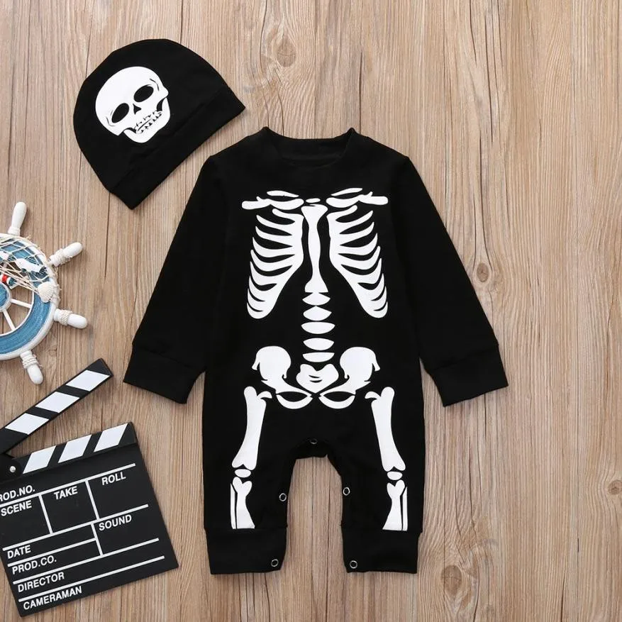 

Halloween newborn jumpsuit costume baby Bone Print long sleeve baby girl rompers+Hat Outfit 2pcs Mameluco Bebes baby boy onesie