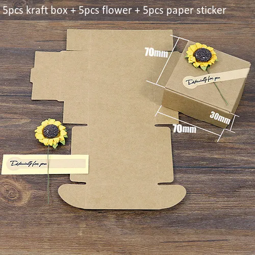 5 наборов, мини-коробка из крафт-бумаги и искусственный цветок, сделай сам, Свадебная подарочная коробка, маленькое печенье, бумажная коробка, упаковка с бумажными наклейками - Цвет: 70x70x30mm kraft