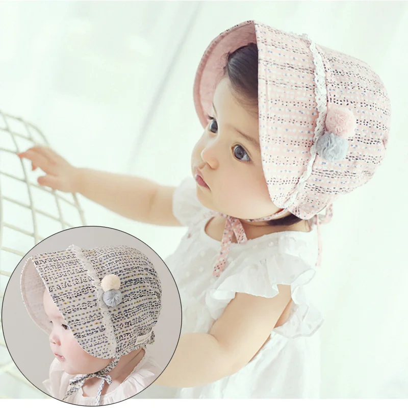 

Summer Baby Sun Hat Cute Pompom Baby Girl Cap Kids Beach Bucket Hats Newborn Infant Flower Soft Hat bonnet