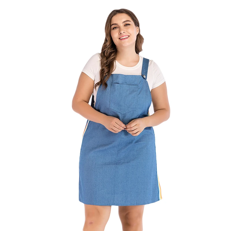 

WHZHM Summer Plus Size 3XL 4XL Denim Dress Women Sleeveless Hollow Out Vestido Dress Sexy Mini Striped Suspenders Ribbons Dress