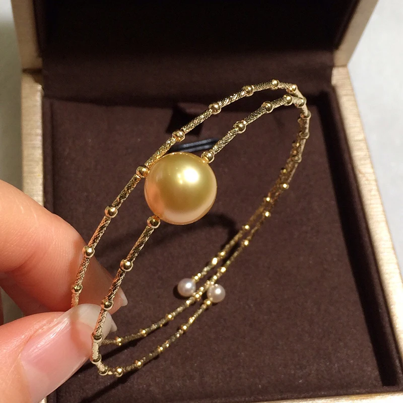 Sinya Natural Golden pearls 18k AU750 gold tube Bangles bracelet for women girl Mom lover pearl diameter 10-11cm