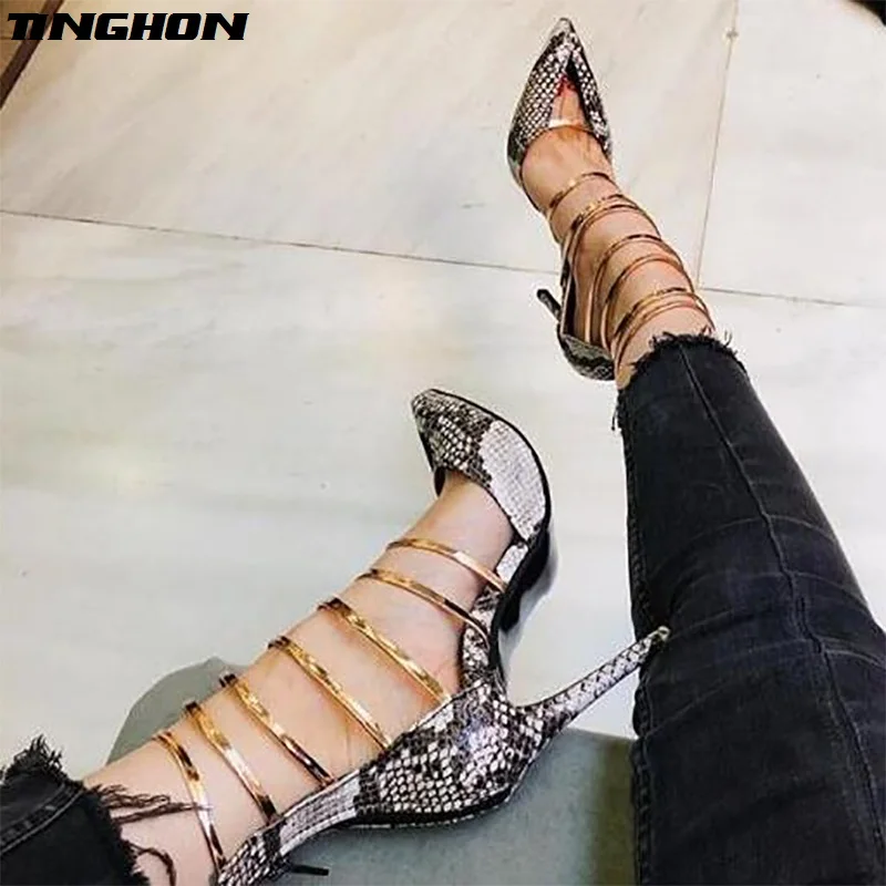 

TINGHON Women Zipper Boots Sandals Snake Print Ankle Boots Super High Fashion Pointed Toe Ladies Sexy shoes New Boots