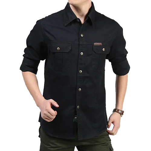 TACVASEN Men Cargo Shirts Summer Long Sleeve Cotton Work Shirts Military Army Tactical Shirts Solid Loose Man Clothing Plus Size - Цвет: Black