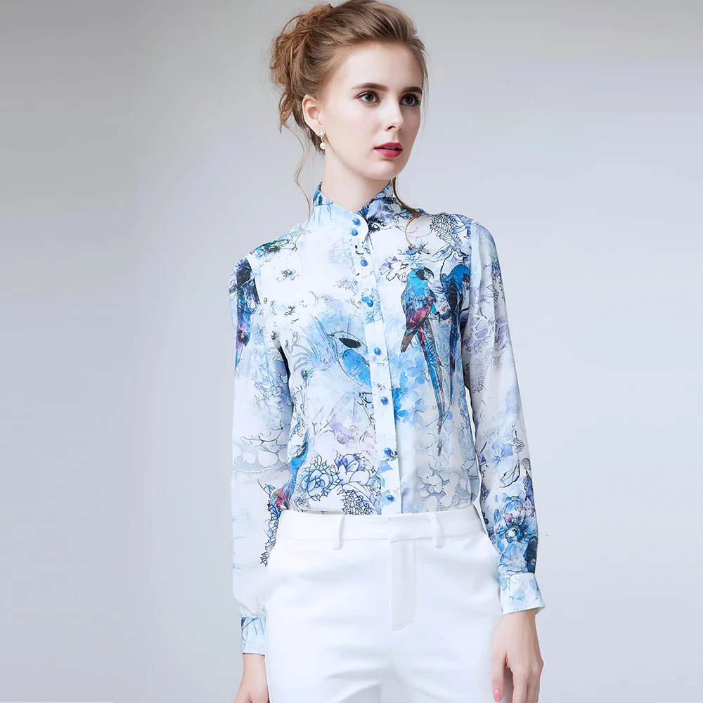 Spring 2016 Flower Printed Long Sleeve Chinese Silk Blouse Women Turn
