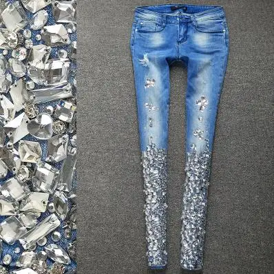 

New Arrival Fashion Women Diamond Crystal Beading skinny Vintage Mid Waist pencil Jeans Plus Size