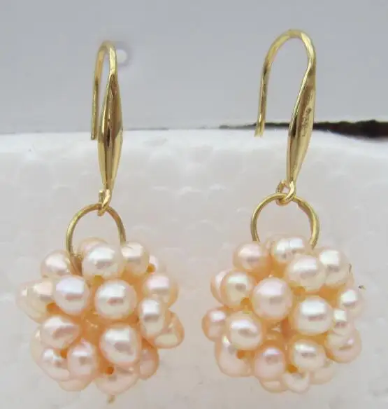 

huge hand-wovennatural AAA+ south sea pink pearl dangle earrings 14 Gold