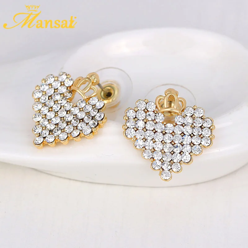 Mansati Роскошный Crystal Любовь Серьги Золотой диадемы сердце Форма гвоздики для Для