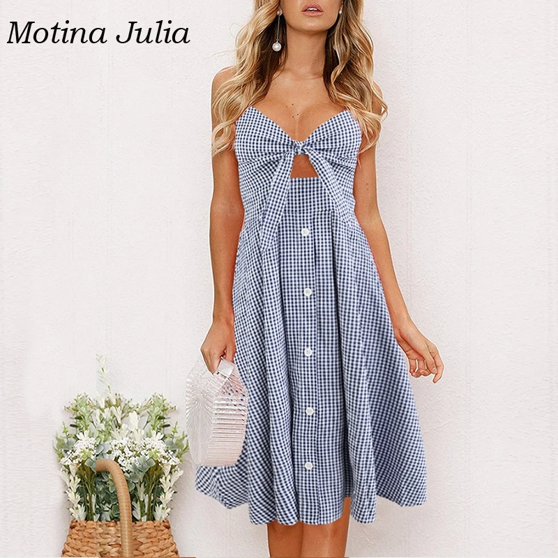 Motina Julia пикантные vintag клетчатый сарафан для женщин Кнопка Лук миди платье boho