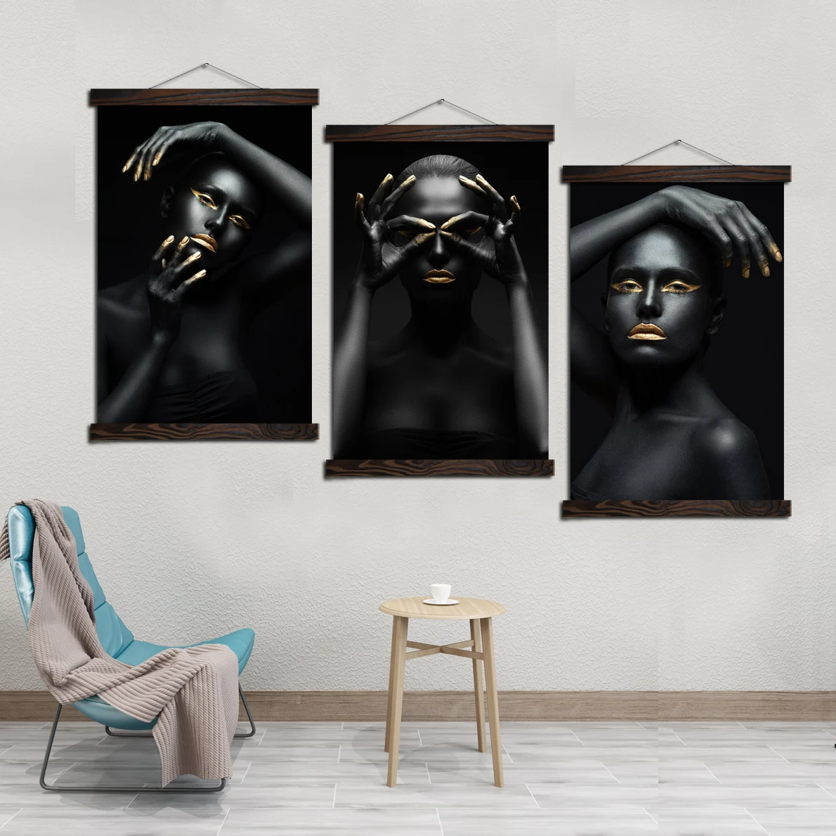 

Gold Black Girl Wall Art Single Canvas Prints Painting with Frame Scroll Painting Hanging Poster Decorative Canvas Painting