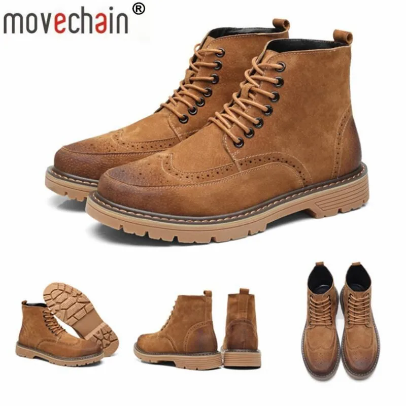 

movechain Men's Suede Leather Lace-Up Martin Ankle Boots Man Winter Warm Military Boot Mens Outdoor Vintage Carved Brogue Shoes