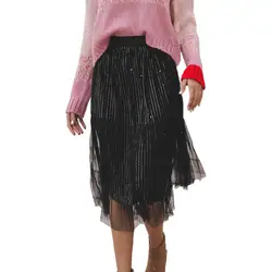 Womail Женская Мода Твердые Сращивание Юбка из сетчатой ткани Высокая Талия Повседневная юбка в складку Повседневное юбка из хлопка M301225